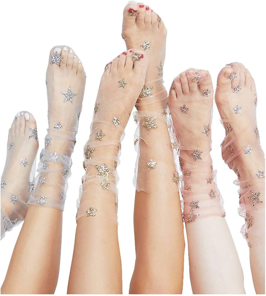 fxmimior Fashion Women Hot Glitter and Stars Tulle Socks (gold | Amazon (US)