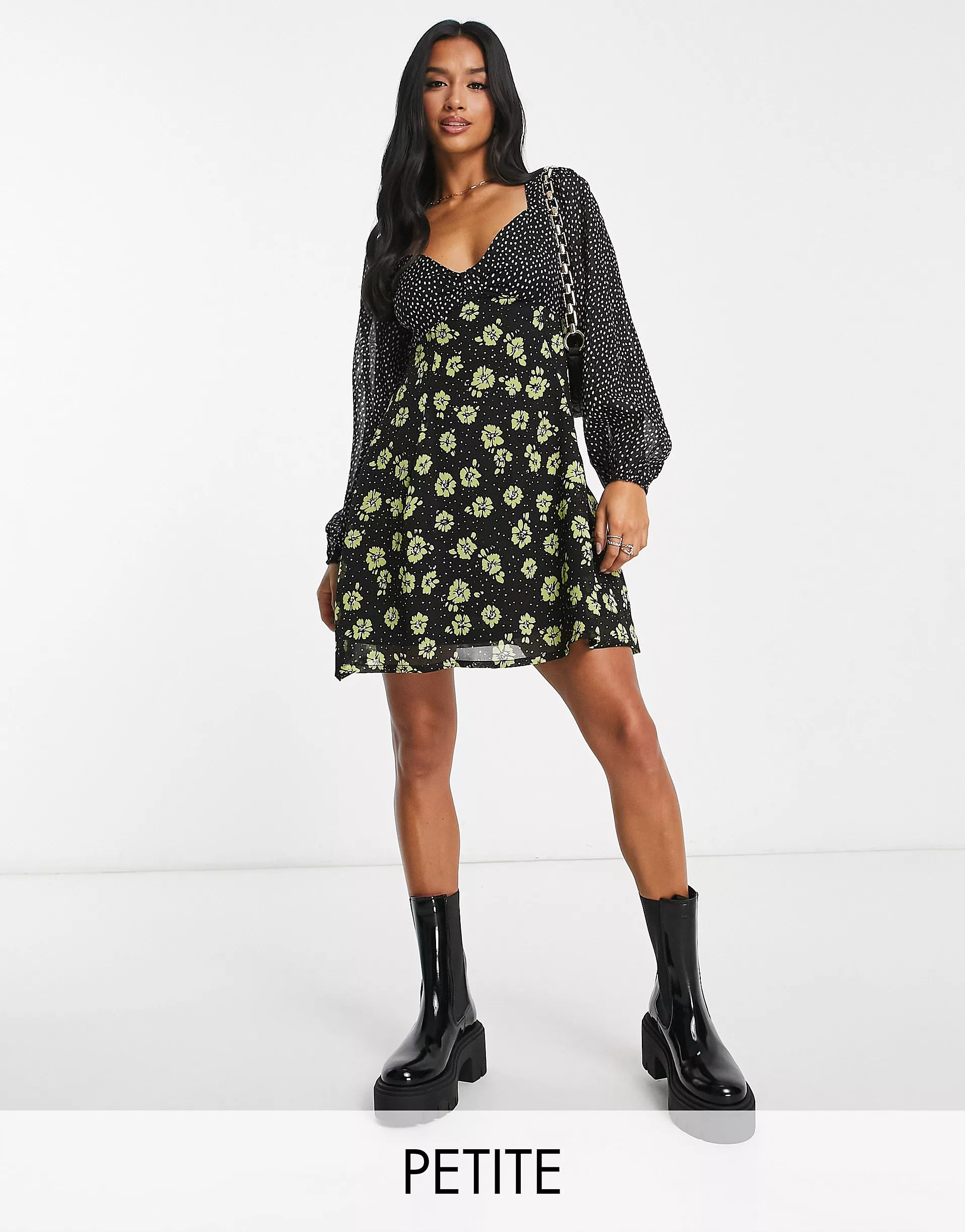 New Look Petite mixed print puff sleeve long sleeve milkmaid mini dress in black floral | ASOS (Global)