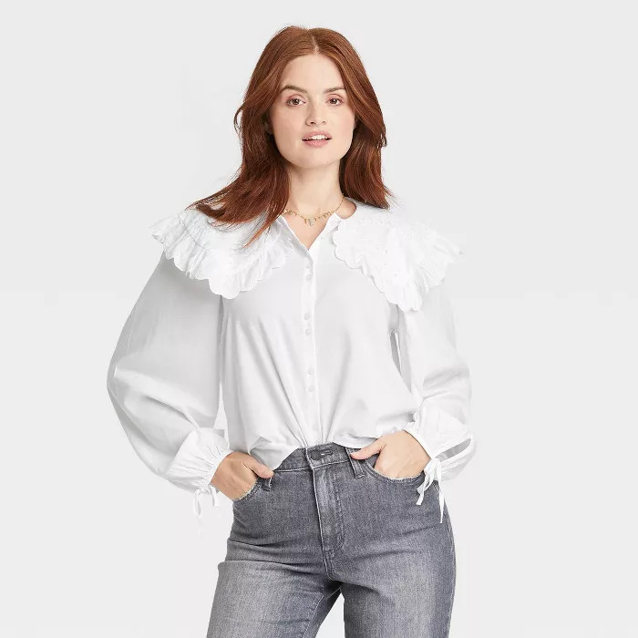 Women's Balloon Long Sleeve Embroidered Button-Down Shirt - Universal Thread™ White XL | Target