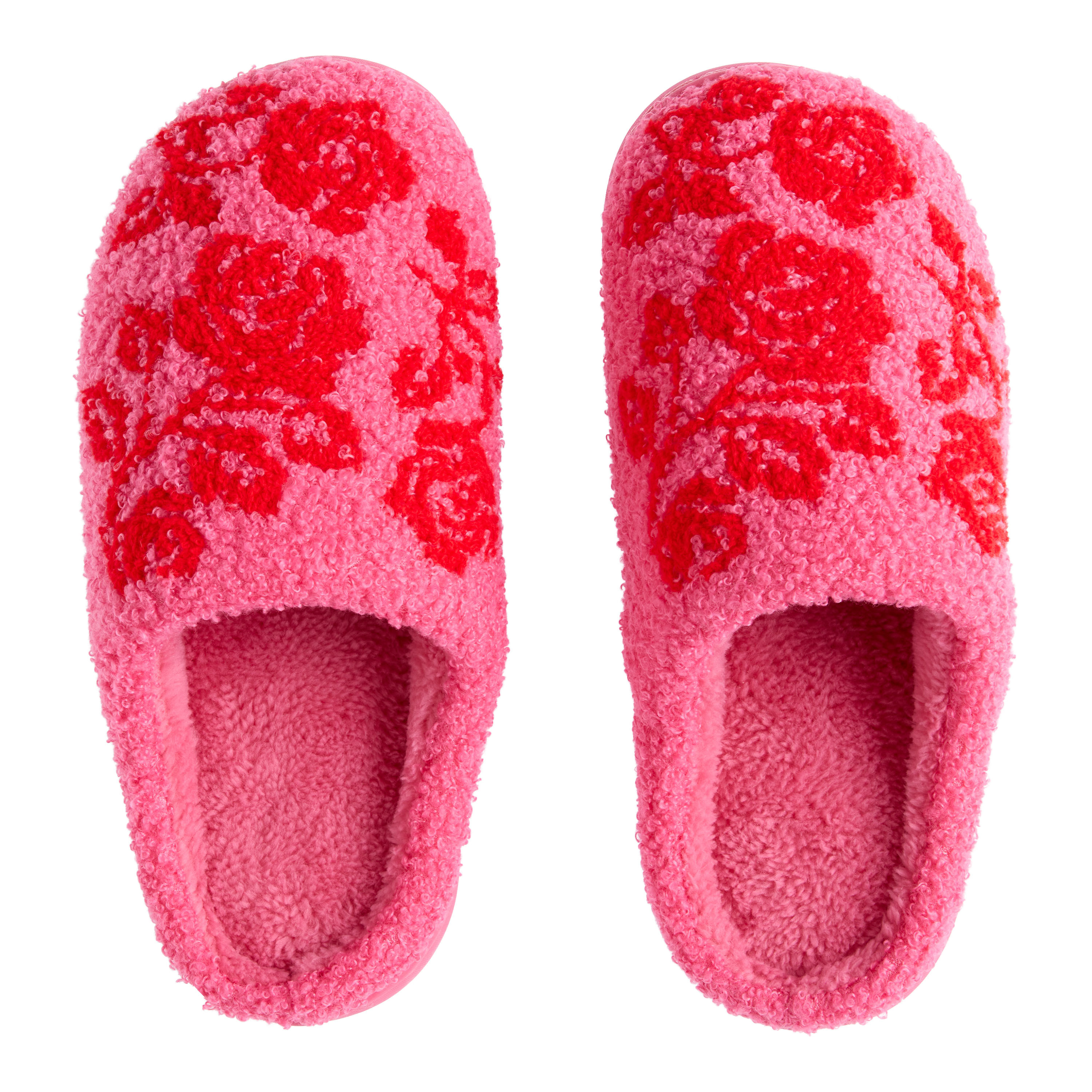 Pink and Red Fuzzy Plush Floral Bouquet Slippers | World Market