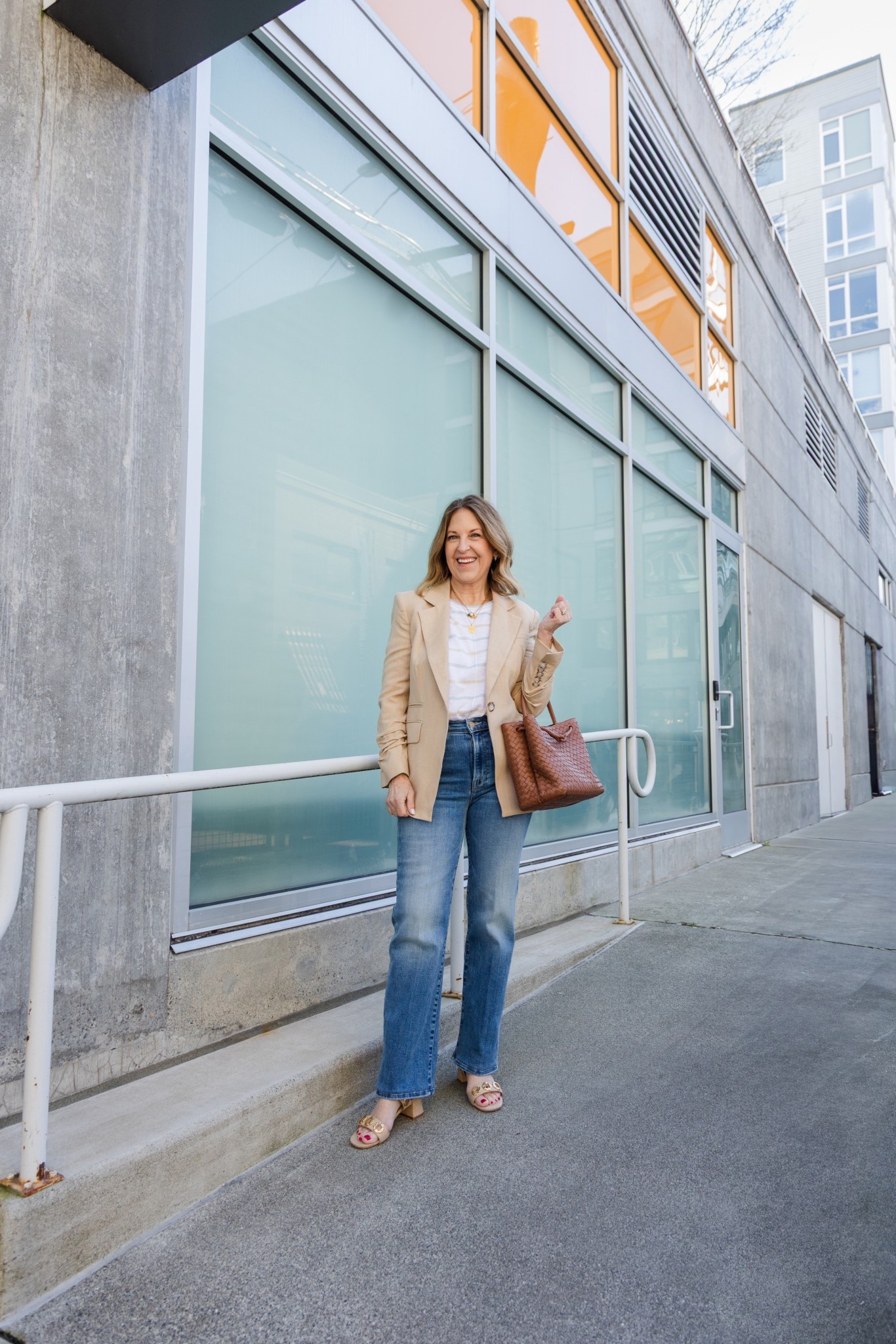 One of my favorite blazers! 
Runs tts, I'm wearing a size 0. 

Jeans- if between sizes, size down.  
Sweater is relaxed but fits tts. 
