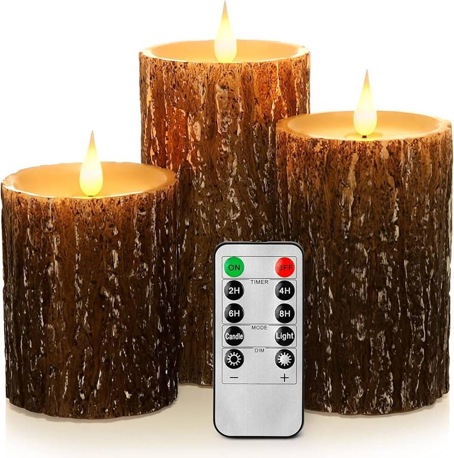 Pine Bark Effect Flameless Candles Battery Operated Pillar Real Wax Flickering Electric LED Candl... | Amazon (US)