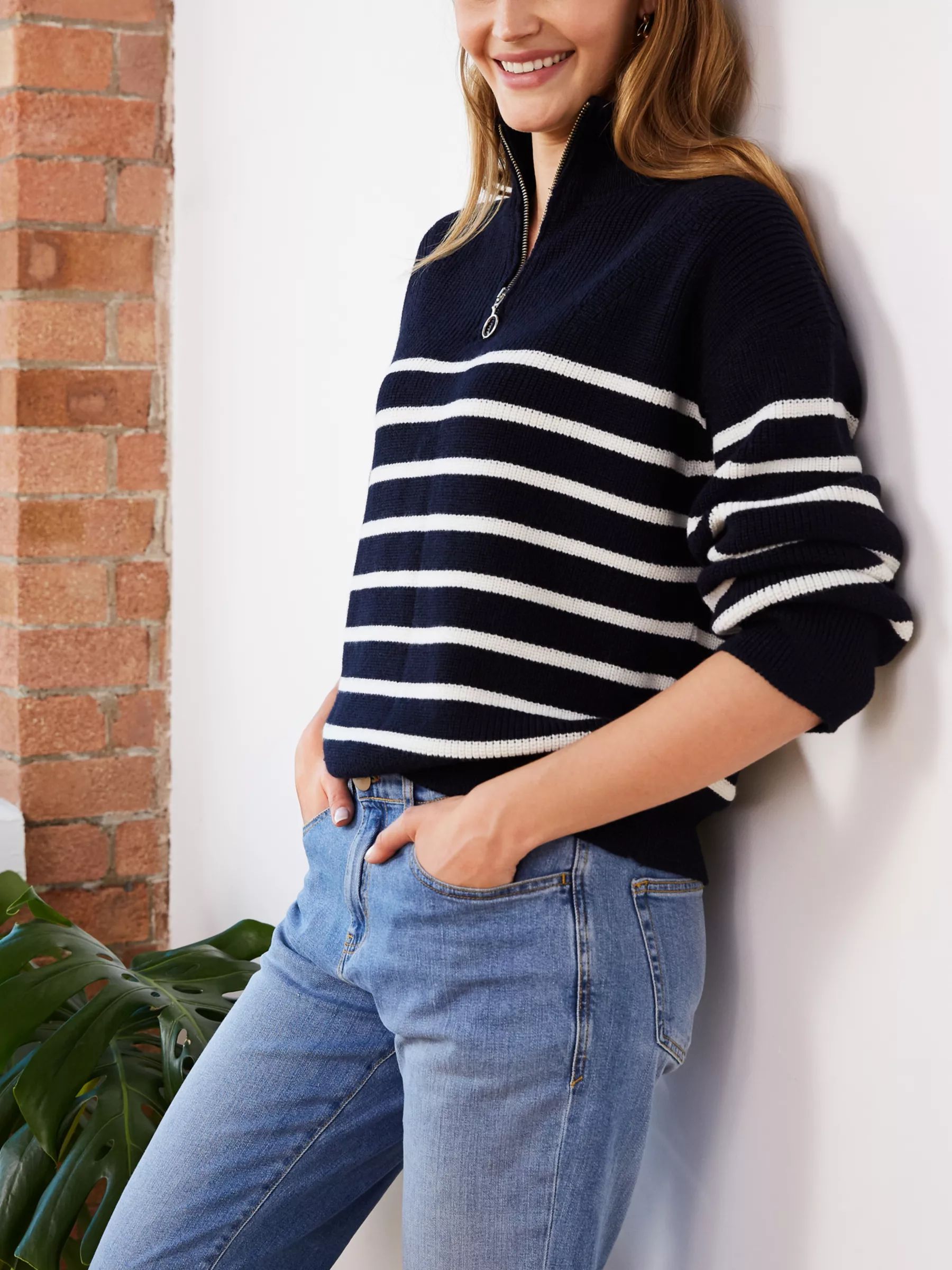 Baukjen Alyson Zip Stripe Jumper, Navy/Soft White | John Lewis (UK)