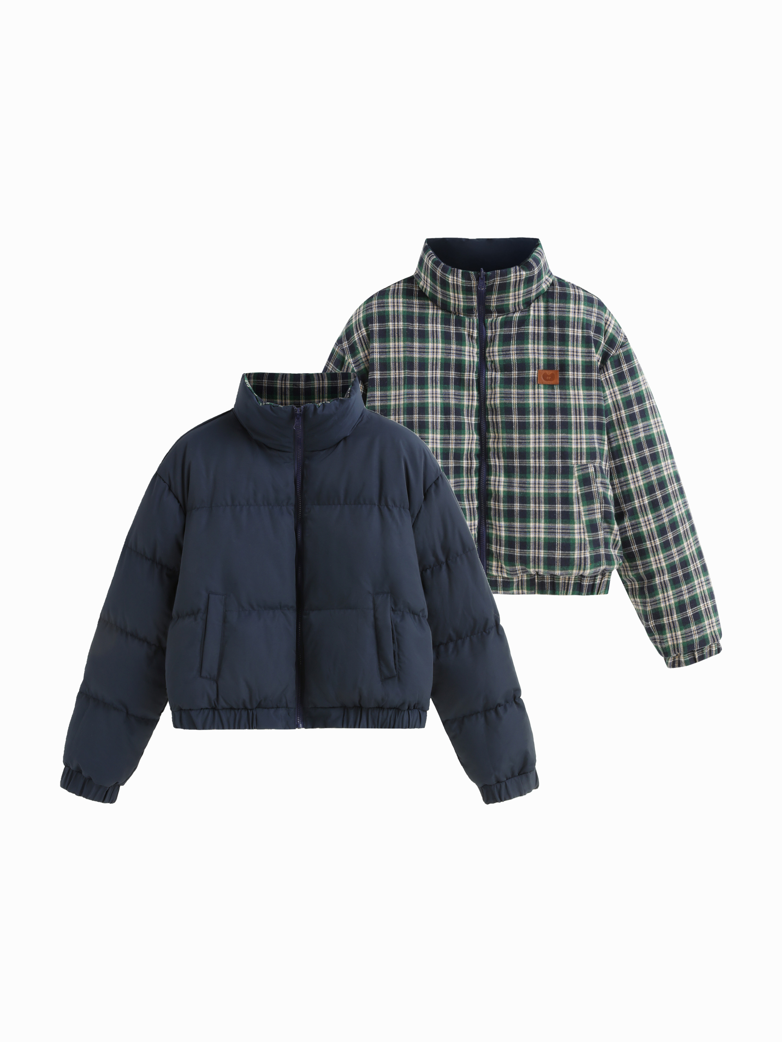 Woven Reversible Cotton-blend Stand Collar Tartan Zip Through Puffer For Daily Casual | Cider