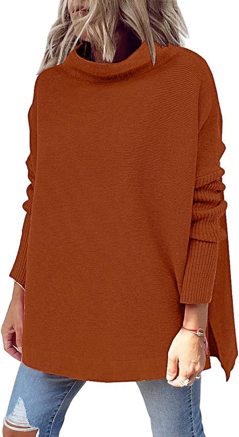 LILLUSORY Women's Mock Turtleneck Casual Oversized Sweater Long Batwing Sleeve Spilt Hem Ribbed K... | Amazon (US)
