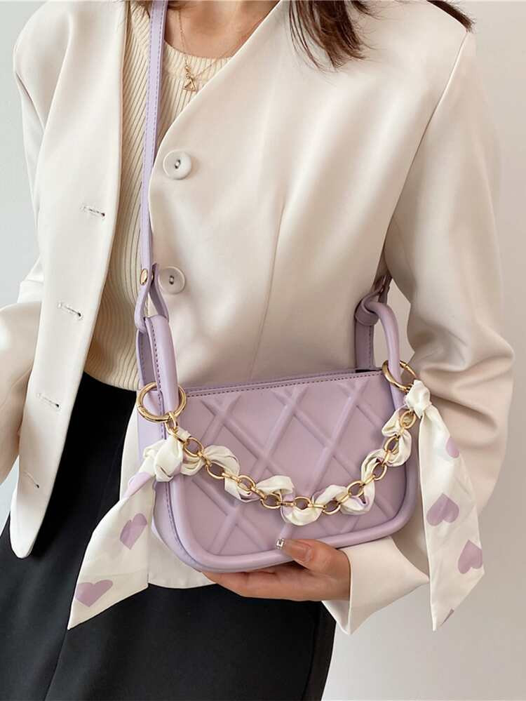Twilly Scarf Decor Textured Baguette Bag | SHEIN