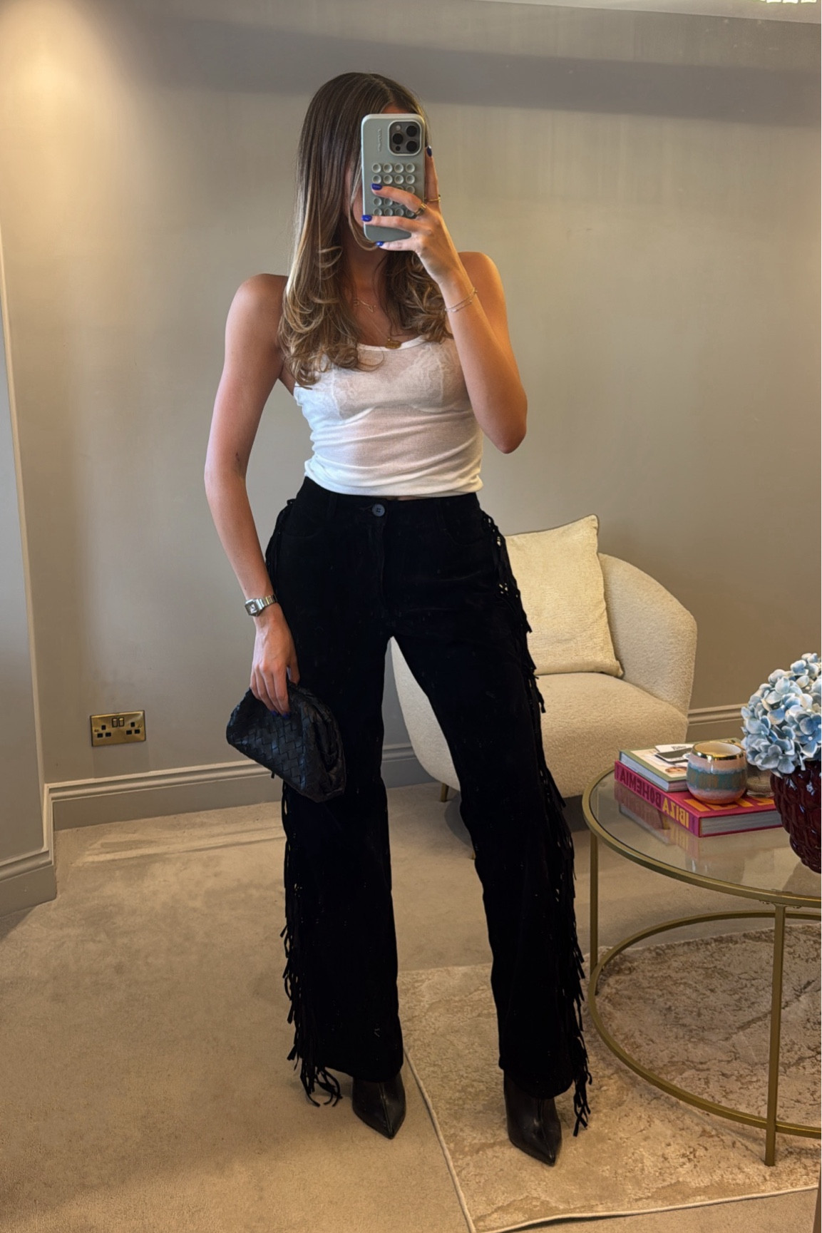 Suede trousers. Tassle trousers. Night out outfit. Sheer vest. White vest top. Black ankle boots. Heeled boots. Ankle boots. Woven bag. Pretty little thing. PLT. PLT new in. ASOS. Because of Alice  

#LTKautumn #LTKstyletip #LTKuk