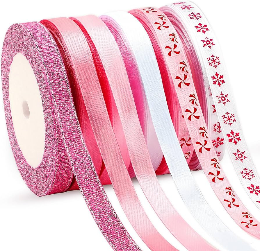 DECYOOL 6 Rolls 150 Yards Pink Christmas Ribbon for Gift Wrapping, 3/8 Inch Xmas Satin Ribbon Can... | Amazon (US)
