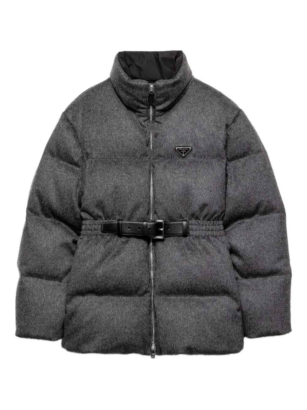 Prada Loden triangle-logo belted puffer jacket - Grey | Farfetch Global
