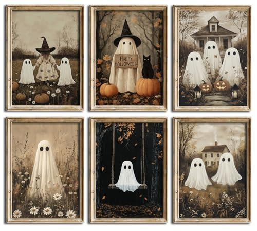 Halloween Ghost Wall Art Prints – Set of 6 Vintage Spooky Posters, Rustic Fall Home Décor with Pumpkins, Witch & Ghosts, Cosy Cute Halloween Aesthetic Pictures for Living Room & Bedroom (A4 Unframed) | Amazon (UK)