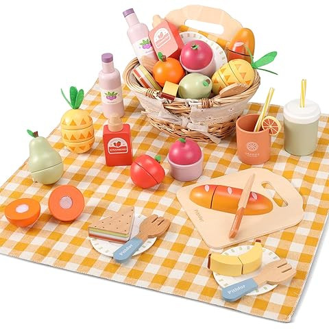 Wooden Toy Picnic Playset, 31 Pcs Wooden Play Food Sets Sandwich Stacking Toys for Kids Pretend P... | Amazon (US)