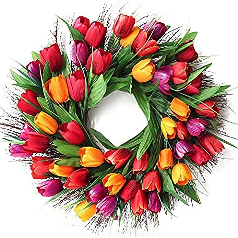 UNIE 20Inch Tulip Wreath Flower Wreaths for Front Door, Spring Silk Wreath with Green Leaves for ... | Amazon (US)