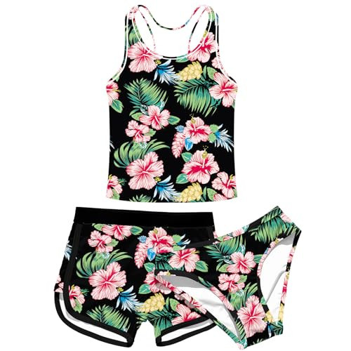 Enlifety Teen Swimsuit Size 15 16 Girls Floral Bathing Suit 3 Piece Tankini with Shorts Racerback Hawaiian Swimwear | Amazon (US)