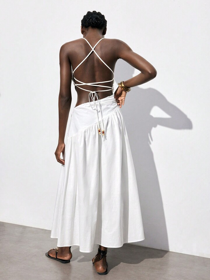 SHEIN Maija Cotton Summer Wedding Women's Dress Solid Color Backless Halter Hollow Out Decor Slee... | SHEIN