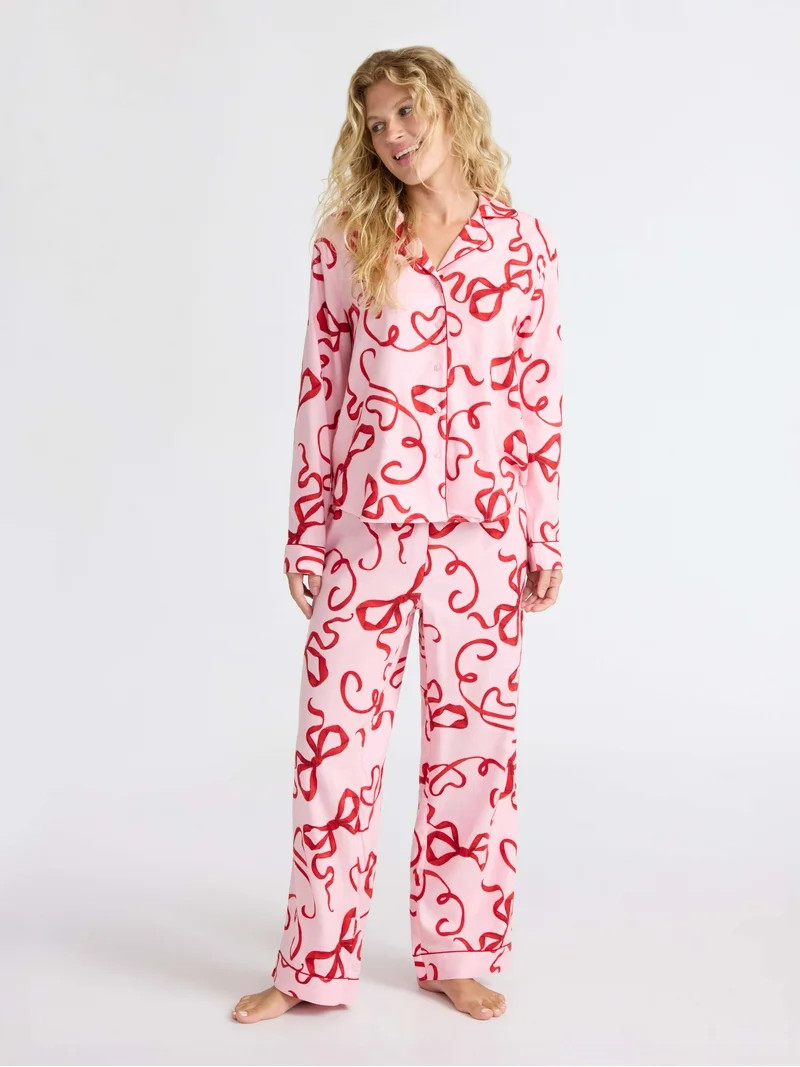 Joyspun Women's Long Sleeve Flannel Sleep Top and Pants Pajama Set, 2-Piece, Sizes XS-3X | Walmart (US)