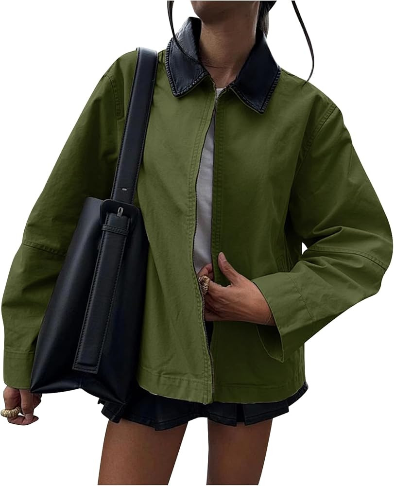 COZYPOIN Womens Lightweight Jacket Contrast PU Leather Zip Up Utility Cargo Barn Coat Fall Canvas... | Amazon (US)