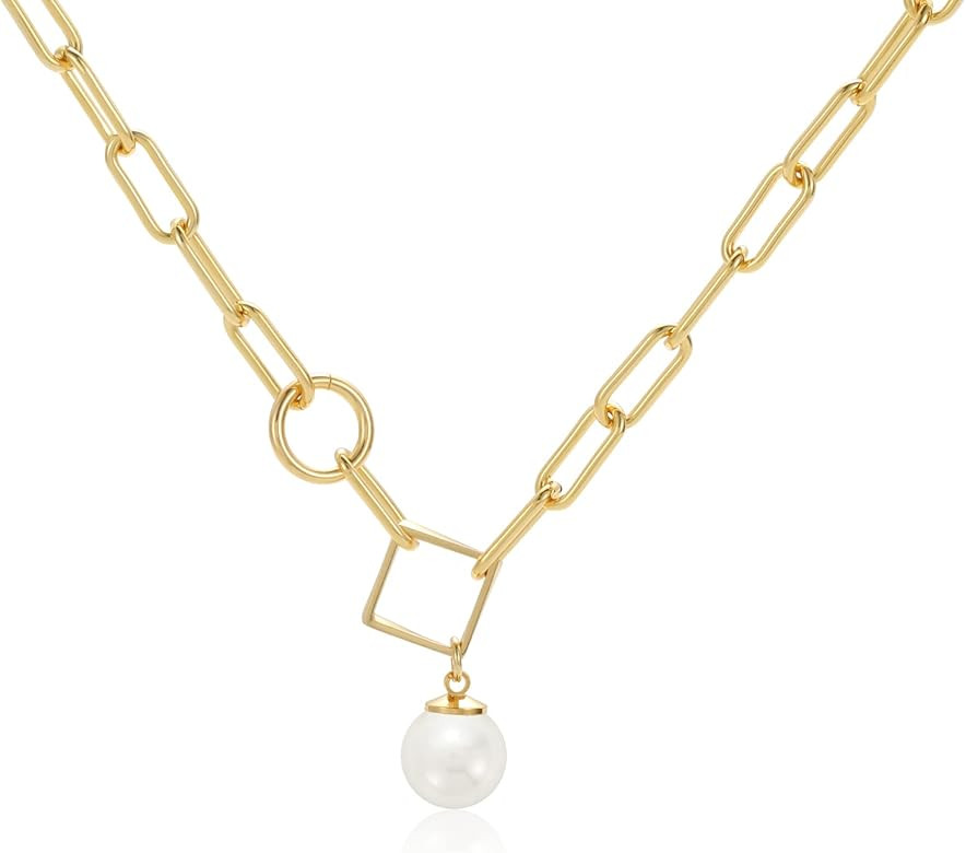 Mesovor Single Pearl Pendant Necklace for Women, 16K Gold Plated Paperclip Chain Necklace | Amazon (US)