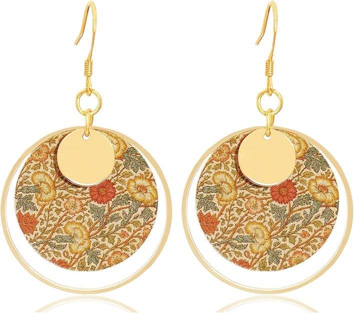 Boho Earrings, Gold Hoop Flower Earrings, Dangle Round Disc Earrings for Women, Handmade Bohemian... | Amazon (US)