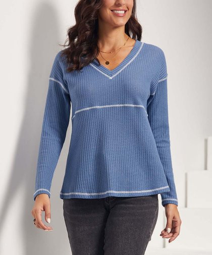 Suzanne Betro Weekend Denim Blue & Ivory Contrast-Stitch V-Neck Top - Women & Plus | Zulily