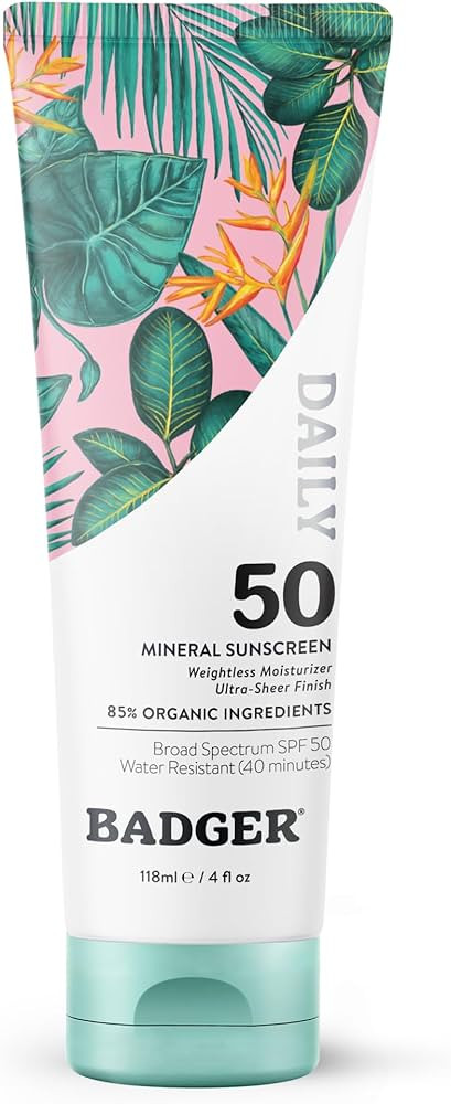 Badger SPF 50 Daily Mineral Sunscreen with Zinc Oxide, 85% Organic, Lightweight & Easy to Apply, ... | Amazon (US)