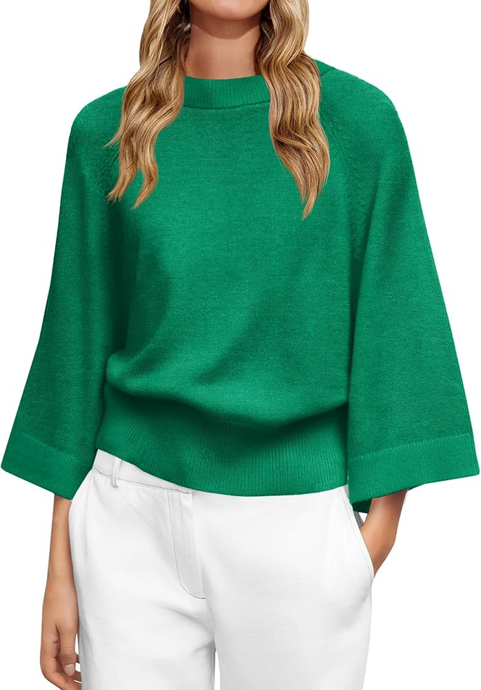 Saodimallsu Womens Crew Neck Batwing Sweaters 3/4 Sleeve Soft Knit Dressy Casual Loose Fit Fall S... | Amazon (US)