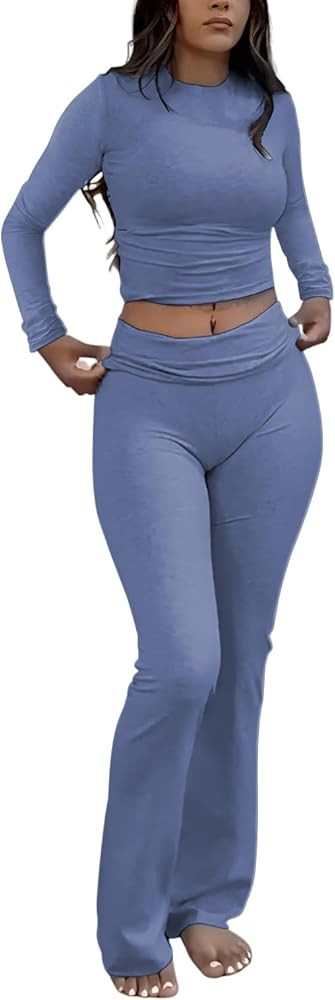 ZFLM Casual Workout Two Piece Outfits Long Sleeve High Waist Fold-Over Flared Leggings Pants Trac... | Amazon (US)