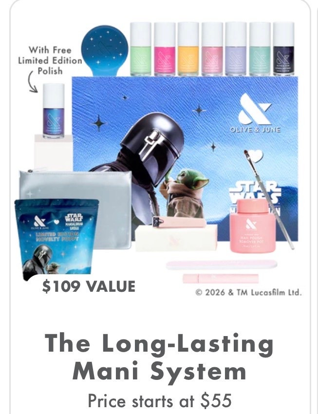 May the 4th be with you! Selling fast, so grab it while you can is the new Olive & June summer collection collaboration with Star Wars. Pick from long lasting polish or gel polish systems. ￼ 
Comes with a limited edition poppy as well as a mystery Star Wars Poppy. Grab it now before they are gone. ￼

#LTKselfcare #LTKBeauty #LTKSaleAlert