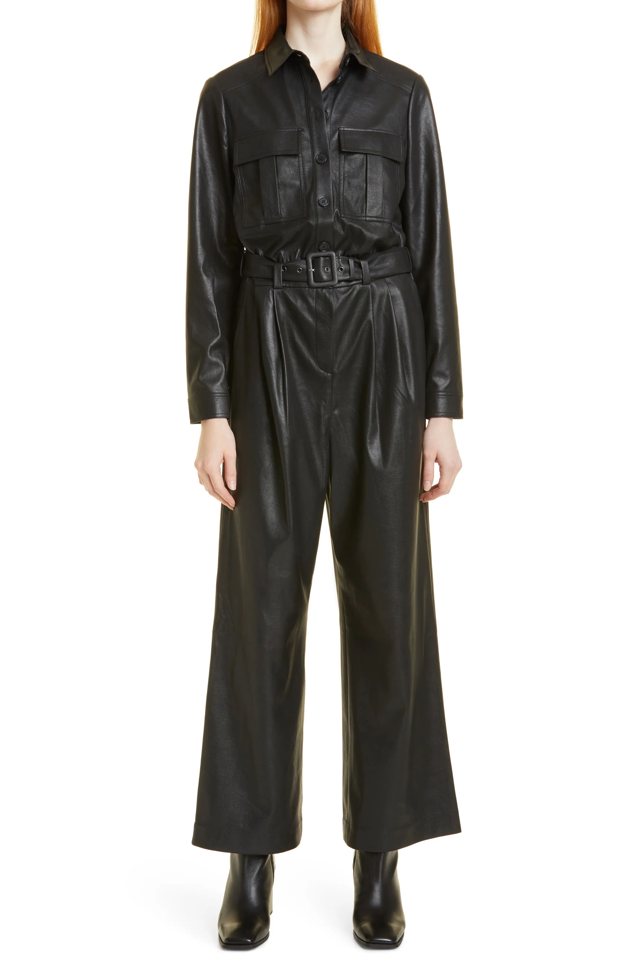 Ted Baker London Tesoro Belted Long Sleeve Faux Leather Jumpsuit, Size 3 in Black at Nordstrom | Nordstrom