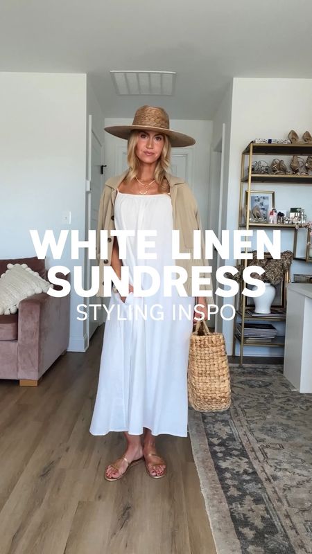 Outfit ideas for styling a white linen sundress. Straw beach hats, tying a striped button up, an oversized sweater, so many styling options  

#LTKstyletip #LTKSeasonal #LTKVideo