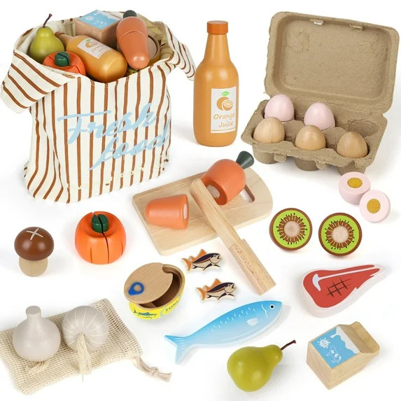 Wooden Play Food Sets for Kids Kitchen, Food Toys for Toddlers 3+ Year Old, with Shopping Bag, Pr...