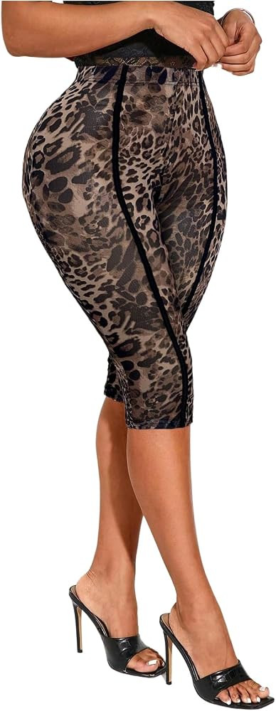 GORGLITTER Women's Leopard Capri Pants Leggings Mesh Cheetah Print Cropped Leggings 3/4 Length Yo... | Amazon (US)