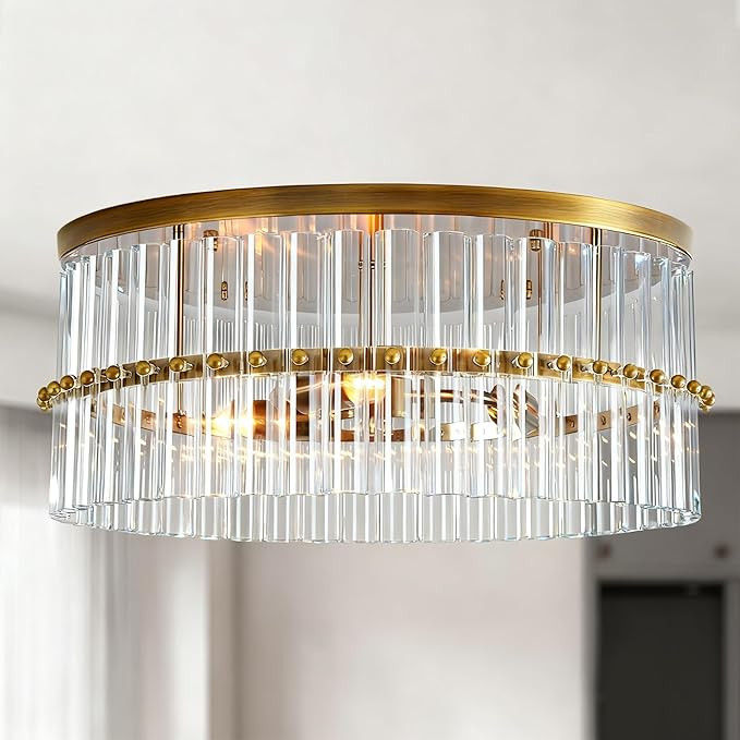 Modern Brass Flush Mount Ceiling Light Crystal Kitchen Ceiling Lighting for Living Room Bedroom D... | Amazon (US)