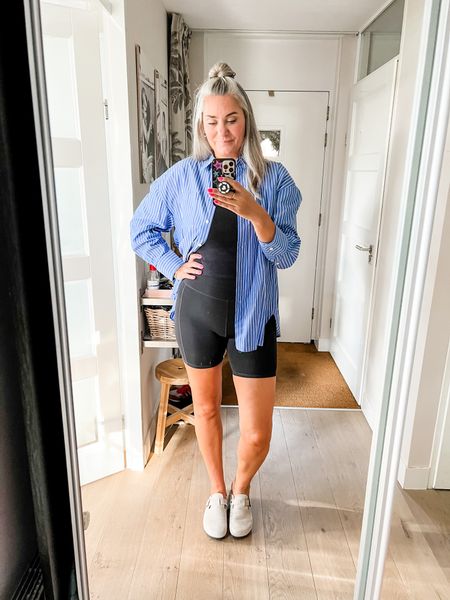 Outfits of the week. Working from home in my favorite Uniqlo bra top, H&M bike shorts with pocket and a blue and white striped button down shirt. Birkenstock Boston lookalike clogs. 



#LTKover40 #LTKmidsize #LTKeurope