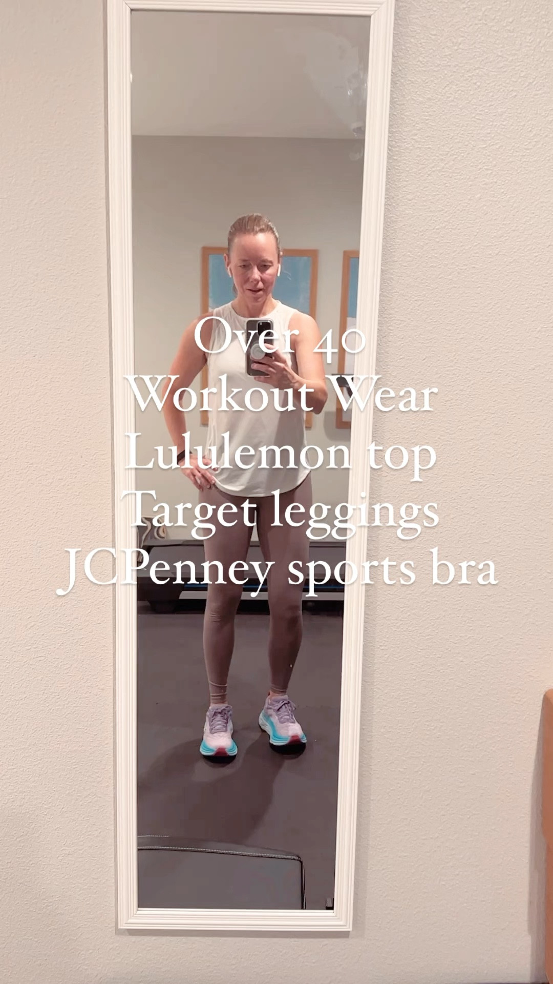 Over 40 Workout wear.

Lululemon Sculpt tank - love the longer length to cover the assets.
All in motion leggings from Target in ultra high rise.
My fav sports bra from JCPenney.  
Hoka walking shoes

#LTKfitness #LTKfindsunder50 #LTKover40