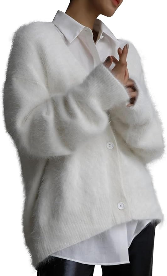COZYPOIN Womens Fuzzy Mohair Cardigan Open Front Button Down V Neck Long Sleeve Sweater Slouchy D... | Amazon (US)