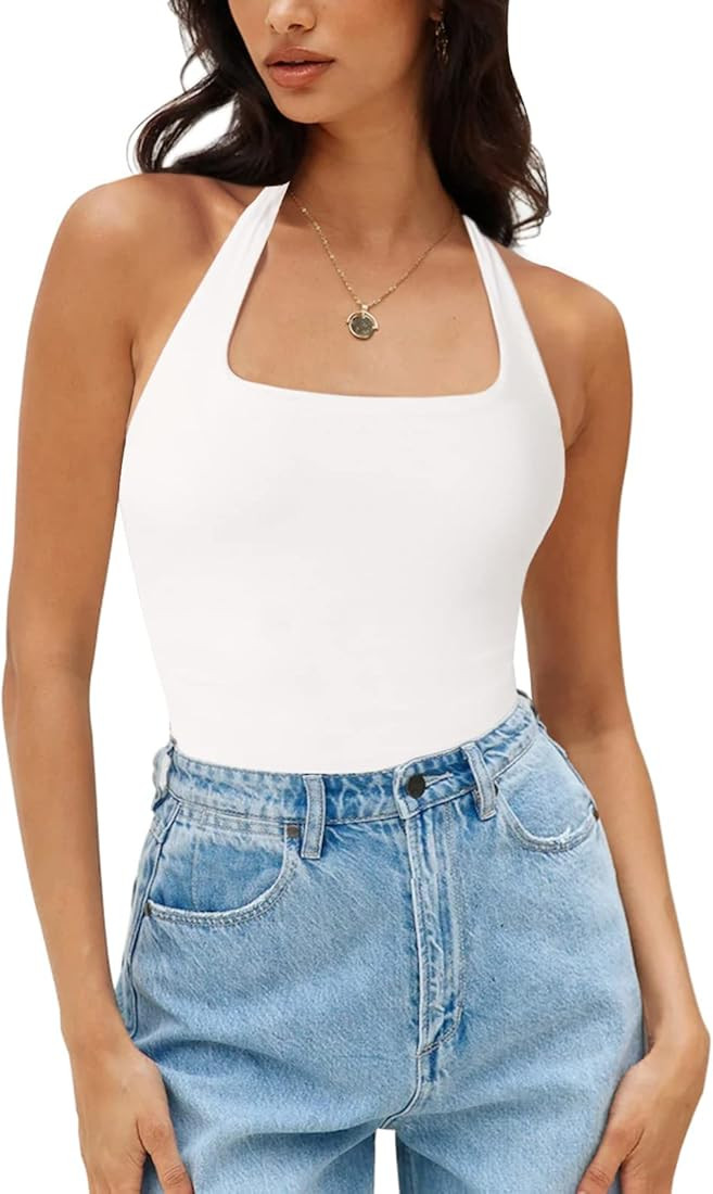 Berryou Bodysuit for Women Square Neck Halter Sleeveless Tank Tops Sexy Backless Bodysuits Slim Fit  | Amazon (US)