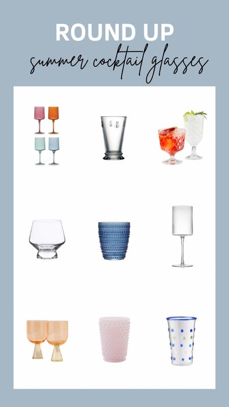 Round up of gorgeous drinking glasses for summer cocktails, wine glasses, high ball glasses, low ball glasses, punch glasses, margarita glasses, fun glasses, colorful glasses, summer cocktail glasses, 

#LTKfindsunder50 #LTKhome #LTKstyletip