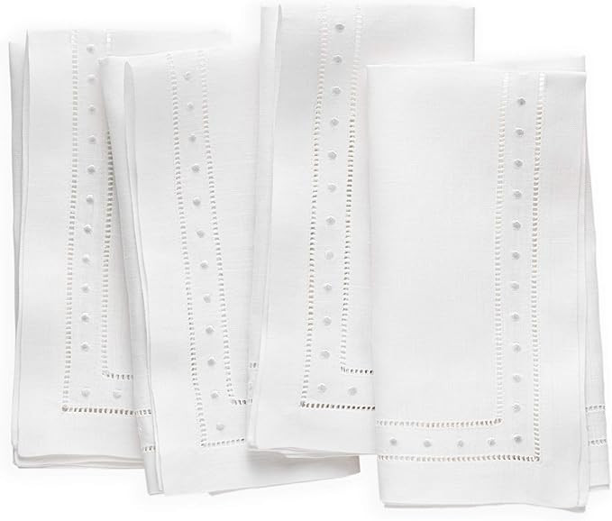 Linen Napkins Set of 4-100% Flax Linen White Dinner Napkins with Embroidered Dot 18 x 18 inch - H... | Amazon (US)