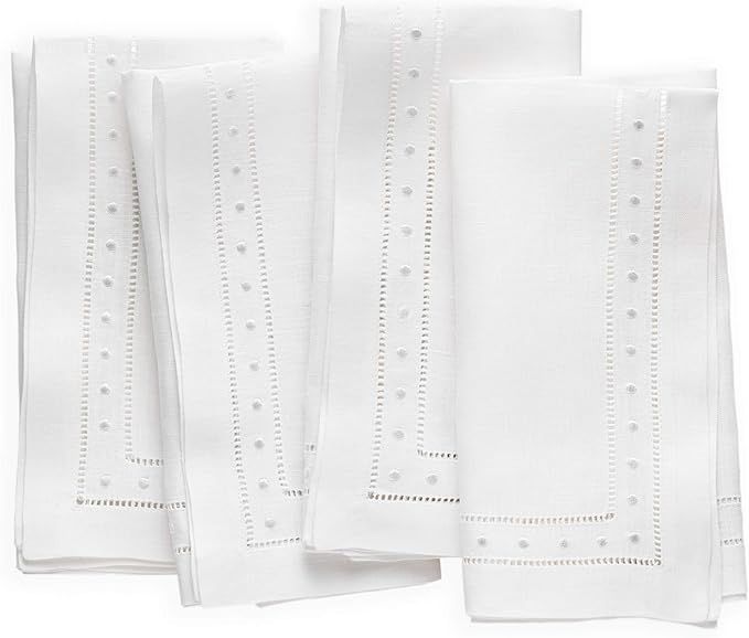 Linen Napkins - White 18 x 18 inch, Set of 4 Linen Hemstitch Dinner Napkins with Embroidered Swis... | Amazon (US)