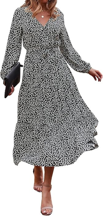 BTFBM Women's Casual Dresses Long Sleeve Wrap V Neck Floral Print Bohemian Swing A-Line Pleated Hem  | Amazon (US)