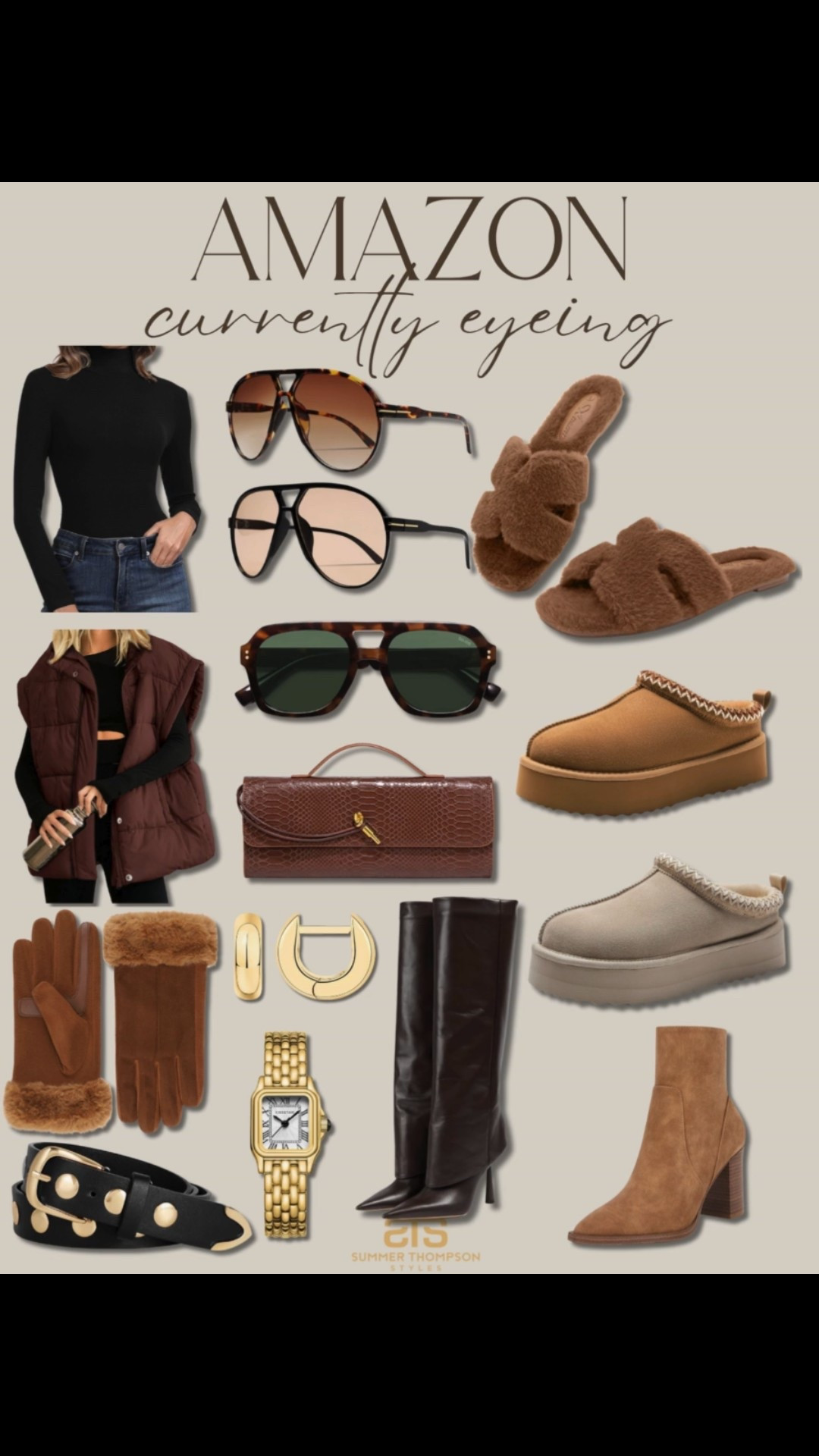 Amazon. Currently eyeing. Neutral. Look for less. Affordable. Handbag. Sunglasses. Clogs. Slides. Turtleneck. Gloves. Puffer vest  

#LTKSeasonal #LTKFindsUnder100 #LTKStyleTip