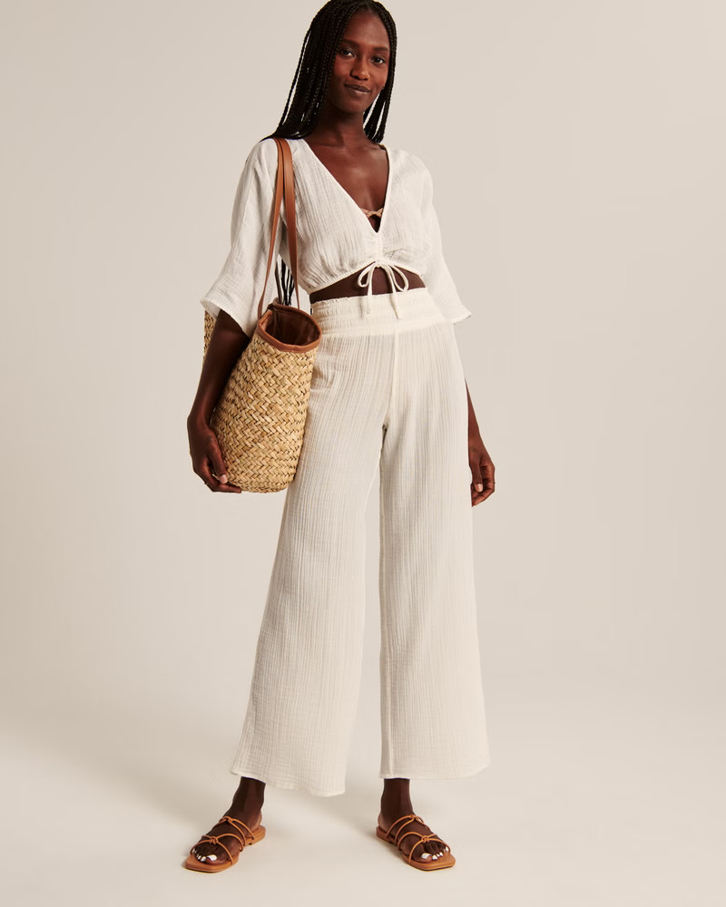 Cropped Gauzy Beach Cinched Coverup Top | Abercrombie & Fitch (US)