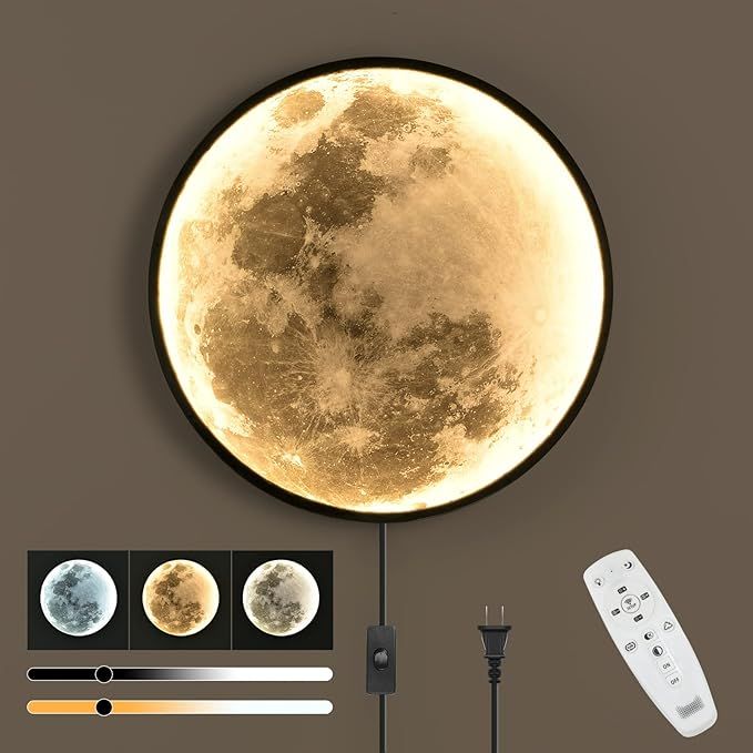 QIYIMEILUX Dimmable Moon Wall Sconce Plug in Modern LED Wall Light with Remote Control 19.7 inch ... | Amazon (US)