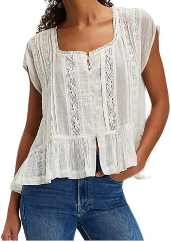 Women’s Tie Front Ruffle Boho Tops Flowy Sheer Short Sleeve Lace Blouse Y2k Embroidered Babydol... | Amazon (US)