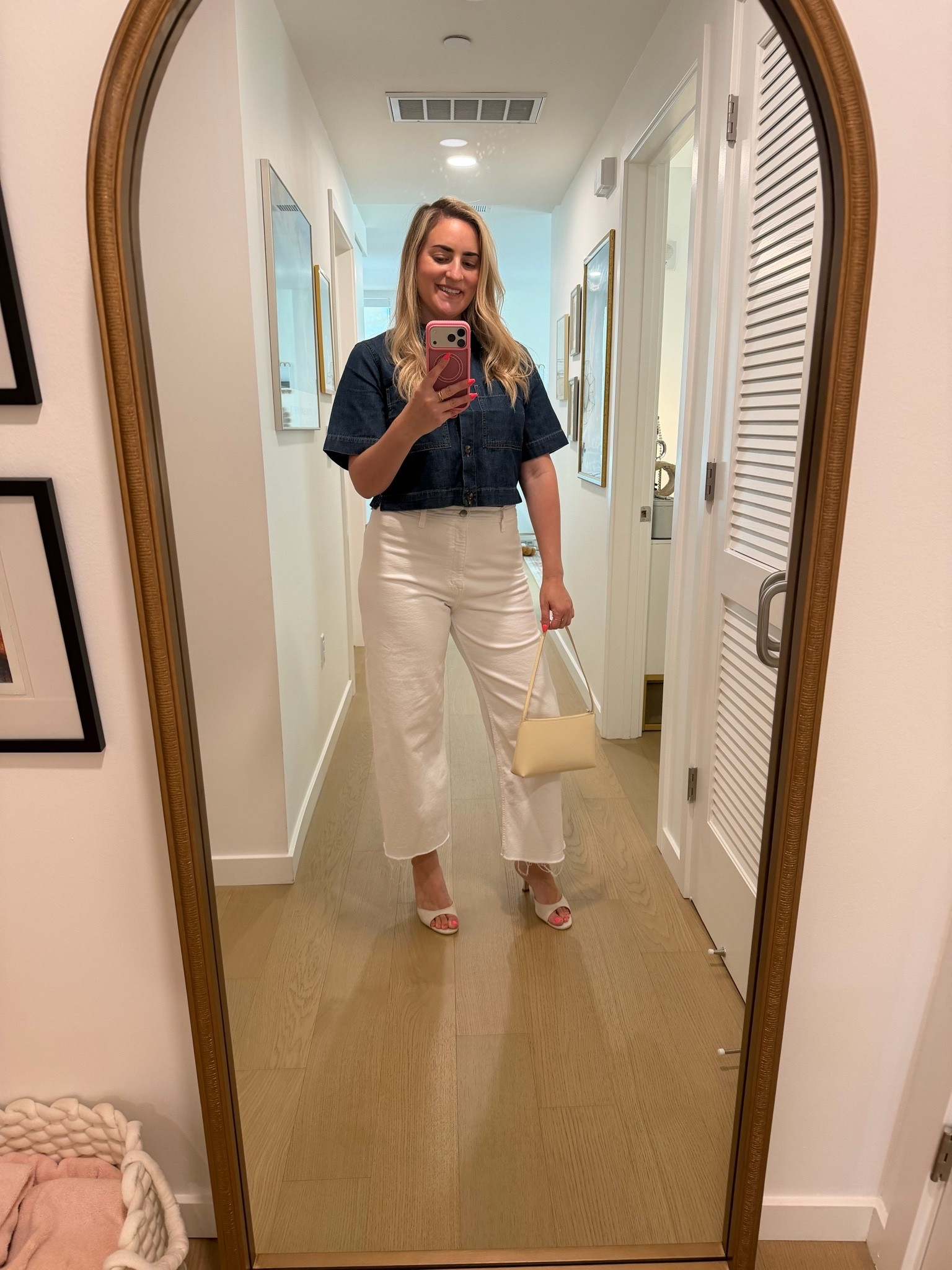 White jeans and denim top look