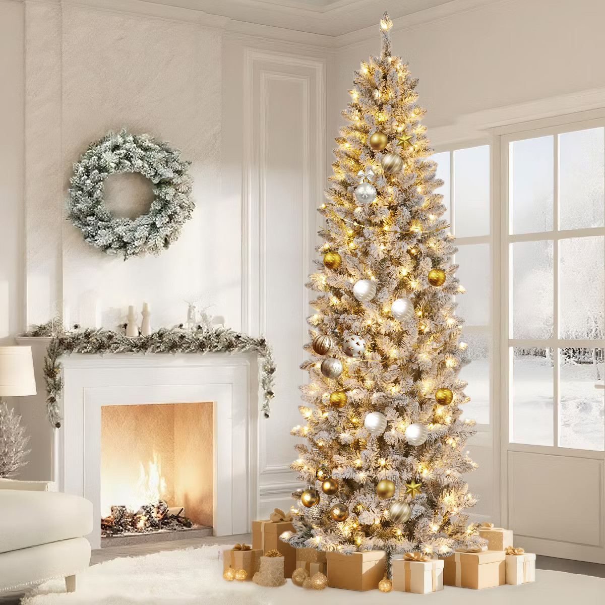 6/7.5/9/12ft Pencil Artificial Christmas Tree with LED Lights, Mixed PVC Flocked, Slim Prelit Tre... | Target