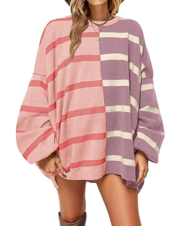 Fisoew Womens Striped Pullover Sweater Crew Neck Long Sleeve Knitted Color Block Casual Loose Lig... | Amazon (US)