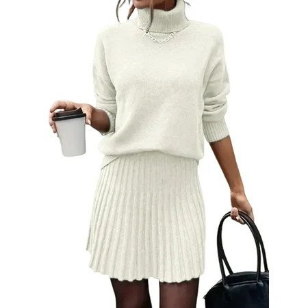 Female Sweater Skirt Sets 2 Piece Outfits Ribbed Knit Mock Neck Sweater Pullovers A Line Mini Skirt Set Cream White XL | Walmart (US)