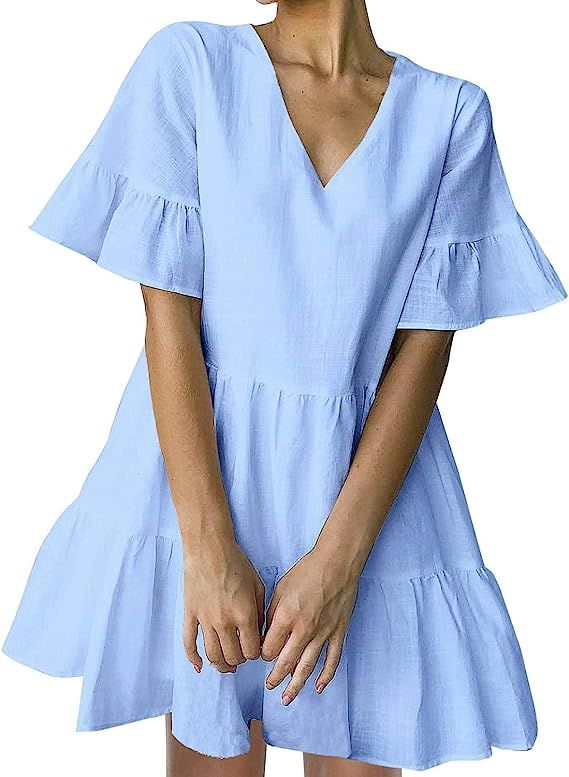 FANCYINN Women’s Cute Shift Dress with Pockets Bell Sleeve Ruffle Hem V Neck Loose Swing Tunic ... | Amazon (US)