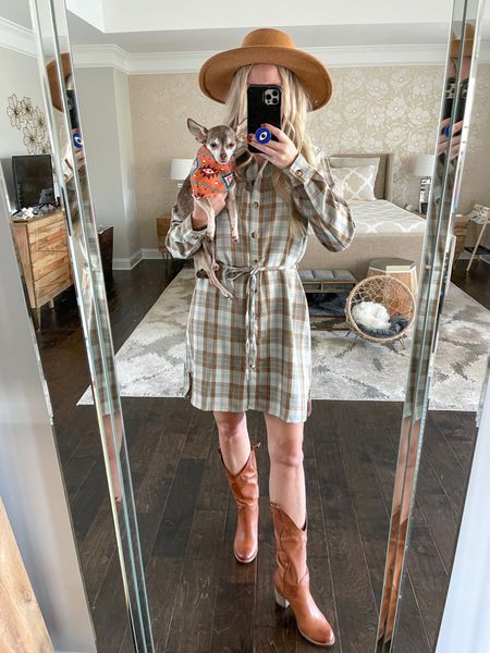 Loving plaid shirt dresses for fall! Wear unbuttoned to double as a lightweight Shacket.

Western boots, dog bandana, fall outfit, Shein 

#LTKunder50 #LTKstyletip #LTKSeasonal